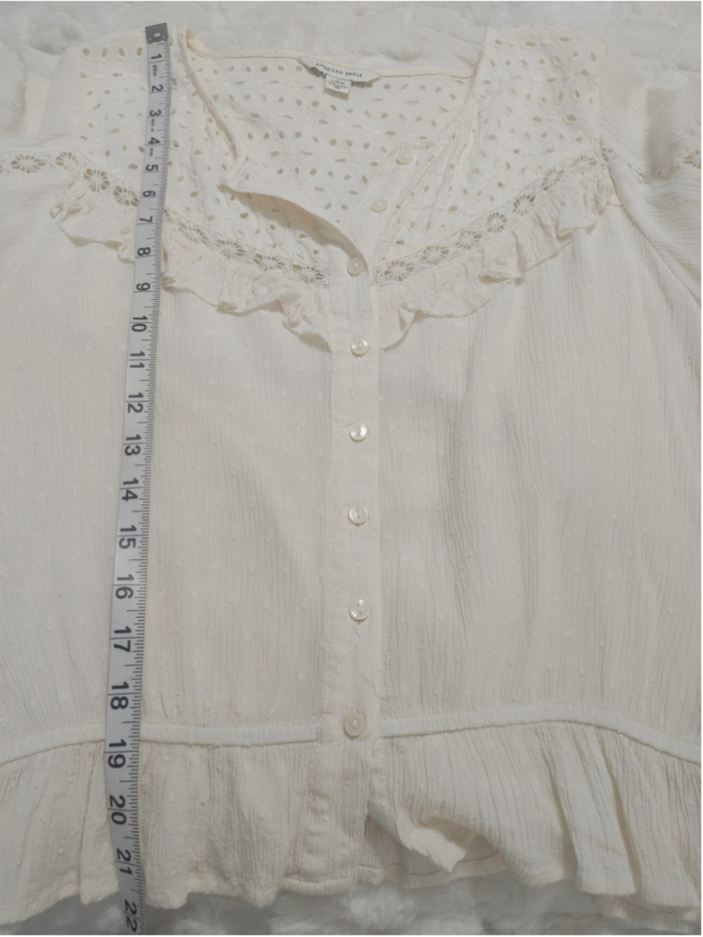 Women's American Eagle Off-White Eyelet Ruffle Gauzy Boho Peasant Blouse L - Picture 11 of 12